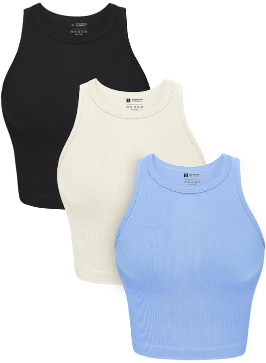 OLCHEE Womens 3 Pack Crop Tank Tops Basic Seamless Ribbed Round High Neck Racerback Workout Top Summer Causal Yoga Gym Shirts - Black Beige Light Blue Medium